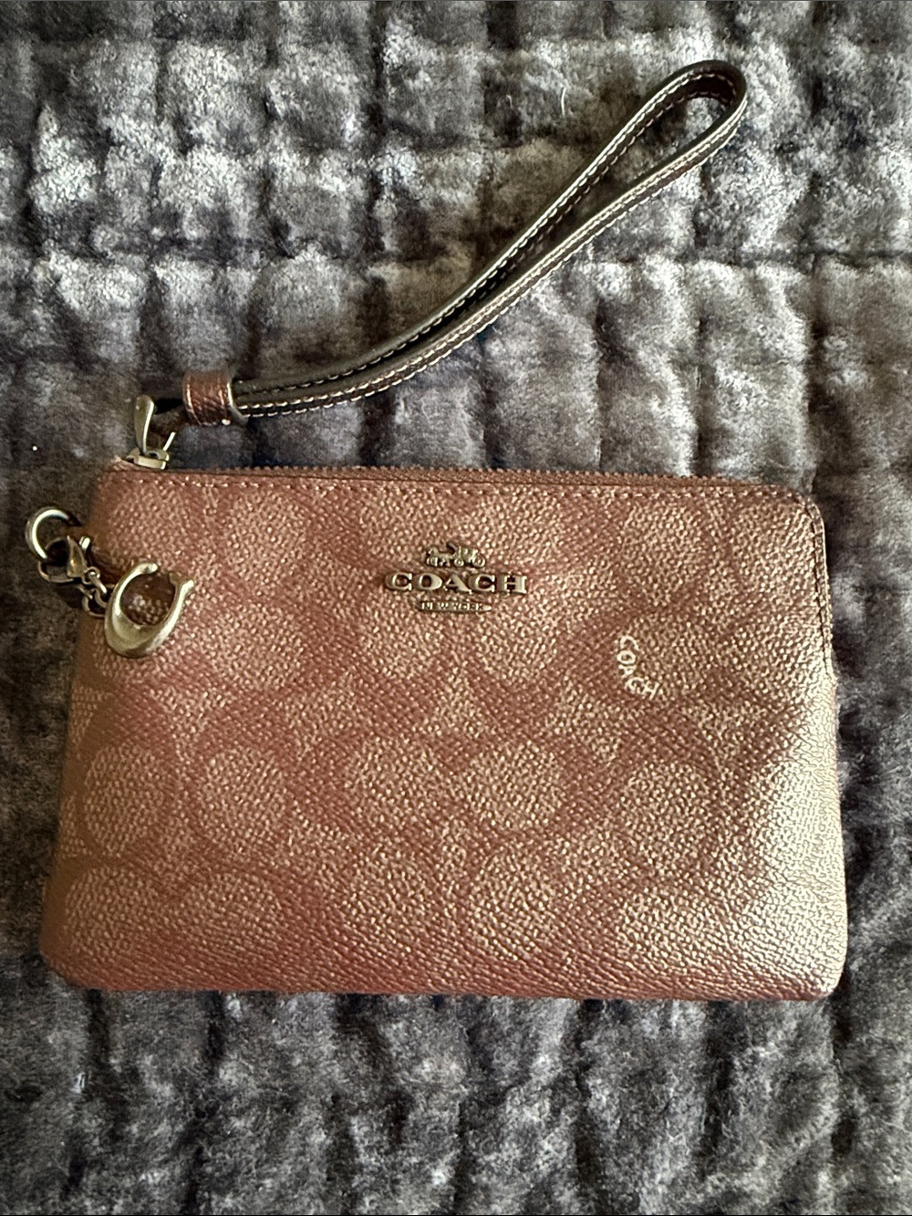 COACH Brown Signature Leather Wristlet with Gold Hardware